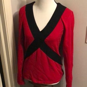 Bebe gorgeous Red Black V-Neck Sweater Rhinestones Spellout Open Back Y2K